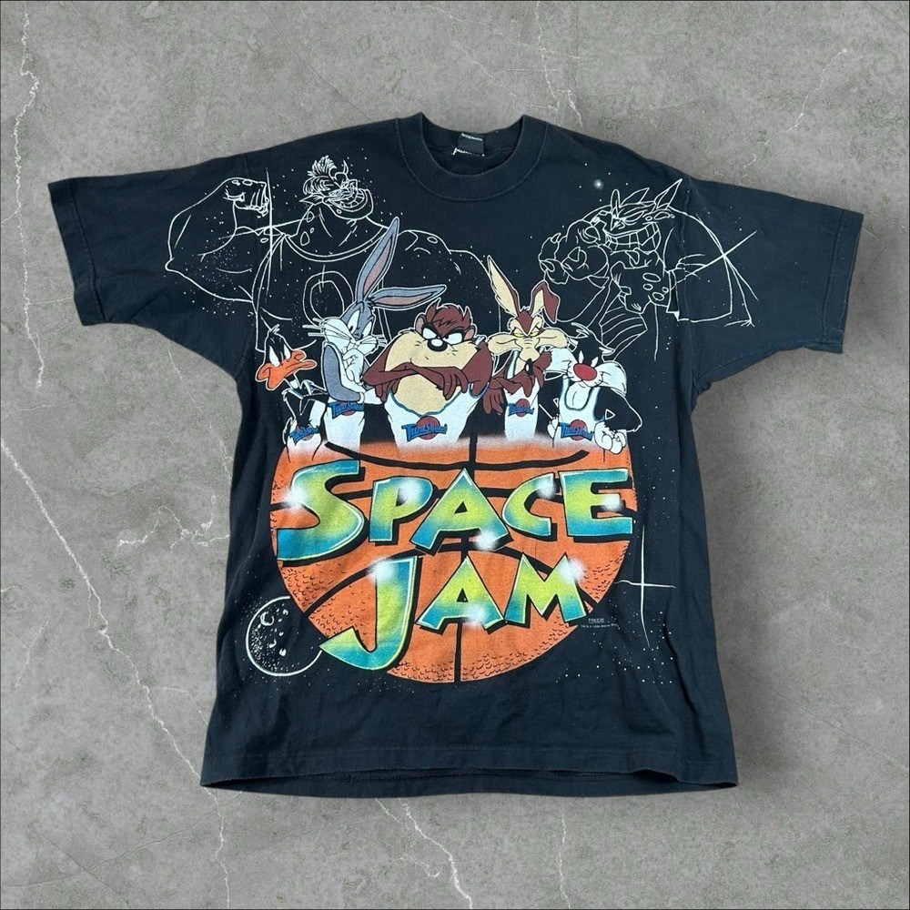 Vintage Space Jam Shirt Mens XL Black 1996 AOP Warner Bros Movie Promo 90s RARE